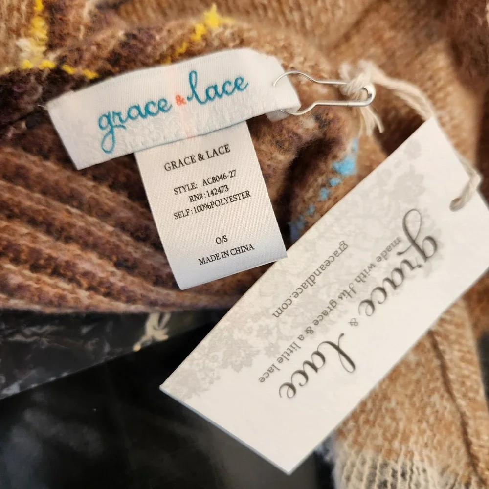 NWT Grace & Lace Brown Plaid Blanket Scarf  Fringe Winter Autumn Warm Shawl Wrap
